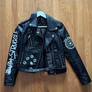 Black Leather Jacket with Graphic Details